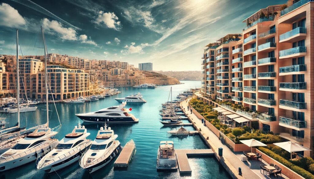A scenic view of a modern marina in Malta featuring luxury yachts docked in clear blue Mediterranean waters under a sunny sky, highlighting the beauty and lifestyle of the boating industry